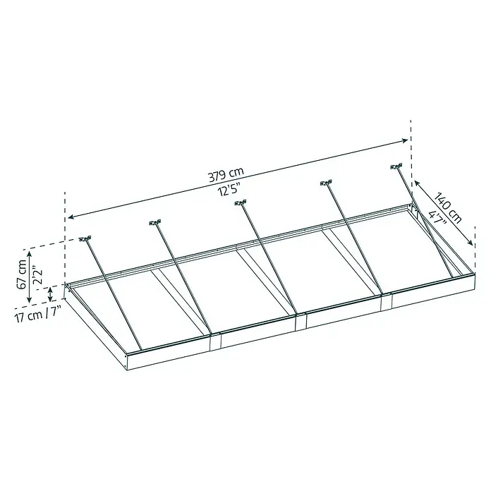 Palram – Canopia Pultvordach Sophia XL - 379 x 140 x 17 cm, Anthrazitgrau, Farbe Dach: Opal - Technische Zeichnung eines Dachfensters mit Maßangaben.