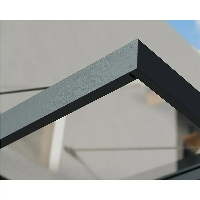 Palram – Canopia Pultvordach Sophia XL - 286 x 140 x 17 cm, Anthrazitgrau, Farbe Dach: Klar - Nahaufnahme eines modernen, anthrazitfarbenen Metallrahmens mit minimalistischem Design, der Stabilität und Stil vereint.