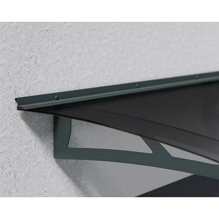 Palram – Canopia Pultvordach Aquila - 412 x 91,5 x 17,5 cm, Anthrazitgrau, Farbe Dach: Solargrau - Nahaufnahme einer eleganten, dunklen Haustürüberdachung mit stabilen Halterungen, die Schutz vor Witterungseinflüssen bietet.