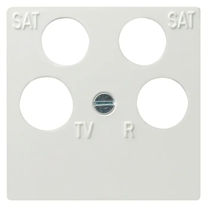 Gira System 55 Antennenabdeckung 025903+028203 - Reinweiß glänzend, Kunststoff, Unterputzmontage - Nahaufnahme einer weißen Antennensteckdose mit Beschriftungen wie SAT, TV und R, die verschiedene Anschlussmöglichkeiten anzeigt.