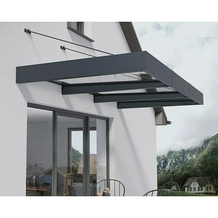 Palram – Canopia Pultvordach Sophia XL - 286 x 140 x 17 cm, Anthrazitgrau, Farbe Dach: Klar - Nahaufnahme einer modernen Terrassenüberdachung aus grauem Metall und transparentem Glas, die Schutz und Design vereint.