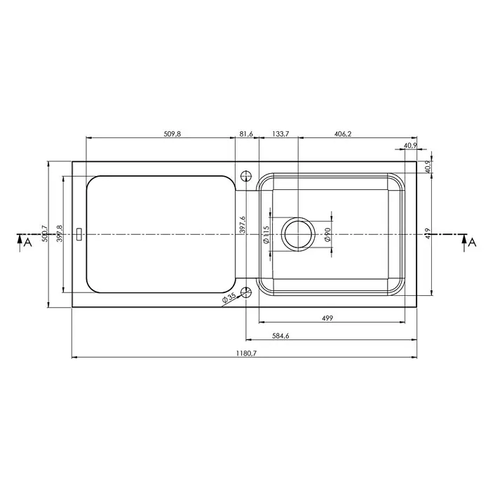 Carea Einbauspüle Botia - 118 x 50 cm, Schwarz, Material Spüle: CAREAlith® - Schema einer Spüle mit zwei Becken und den dazugehörigen Maßen in Millimetern für die Installation und den Einbau.