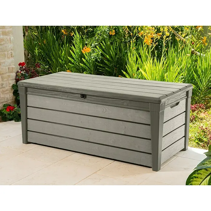 Keter Gartenbox Brushwood - 145 x 69,7 x 60,3 cm, Polypropylen, Taupe - Graue Gartenbox mit Holzstruktur zur Aufbewahrung von Gartenutensilien, ideal für Terrasse und Garten. Praktische Aufbewahrungslösung.