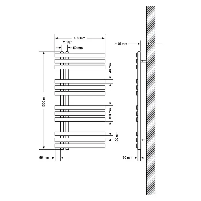 LuxeBath Badheizkörper Design Handtuchheizkörper Handtuchwärmer Mittelanschluss Radiator - B x H: 50 x 100 cm, Anthrazit - Eine detaillierte Zeichnung eines Heizkörpers mit Maßangaben, die die Abmessungen und Abstände des Produkts zeigen.