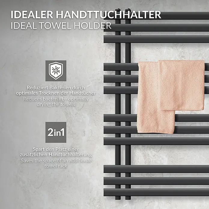 LuxeBath Badheizkörper Design Handtuchheizkörper Handtuchwärmer Mittelanschluss Radiator - B x H: 50 x 100 cm, Anthrazit - Bild eines idealen Handtuchhalters, der Platz spart und Bakterien reduziert, mit zwei Handtüchern darauf.