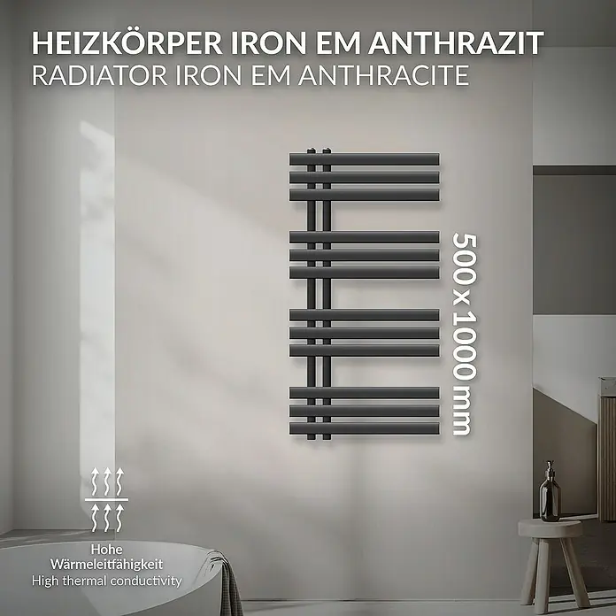 LuxeBath Badheizkörper Design Handtuchheizkörper Handtuchwärmer Mittelanschluss Radiator - B x H: 50 x 100 cm, Anthrazit - Heizkörper Iron EM Anthrazit: Ein eleganter, anthrazitfarbener Heizkörper, ideal für moderne Badezimmer, mit Maßen von 500 x 1000 mm.
