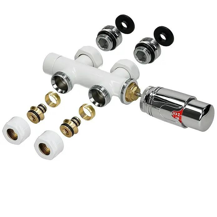 LuxeBath Badheizkörper Handtuchwärmer Mittelanschluss gerade mit Boden Thermostatventil - B x H: 50 x 180 cm, Weiß - Ein Heizkreisverteiler-Set, bestehend aus diversen Anschlussstücken und einem Thermostatventil, ideal für Fußbodenheizungssysteme.