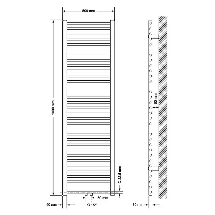 LuxeBath Badheizkörper Handtuchwärmer Mittelanschluss gerade mit Boden Thermostatventil - B x H: 50 x 180 cm, Weiß - Eine detaillierte Skizze eines Heizkörpers mit Maßangaben zu Höhe, Breite, Durchmesser und Wandabstand für Installationszwecke.