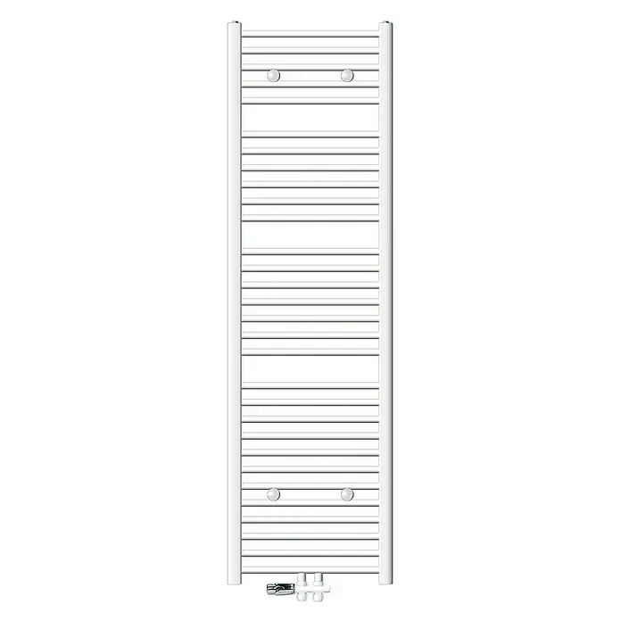 LuxeBath Badheizkörper Handtuchwärmer Mittelanschluss gerade mit Boden Thermostatventil - B x H: 50 x 180 cm, Weiß - Weißer Handtuchwärmer mit horizontalen Heizstäben und seitlichen vertikalen Stützen für ein modernes Badezimmer.