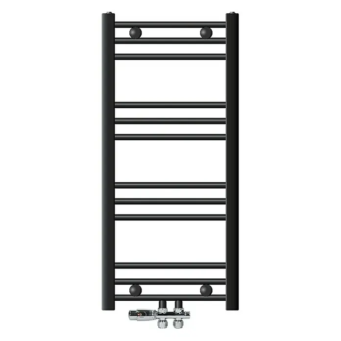 LuxeBath Badheizkörper Handtuchwärmer Mittelanschluss gerade mit Boden Thermostatventil - B x H: 40 x 80 cm, Anthrazit - Schwarzer Handtuchwärmer mit minimalistischem Design für moderne Badezimmer, inklusive Thermostat für individuelle Wärmeregulierung.