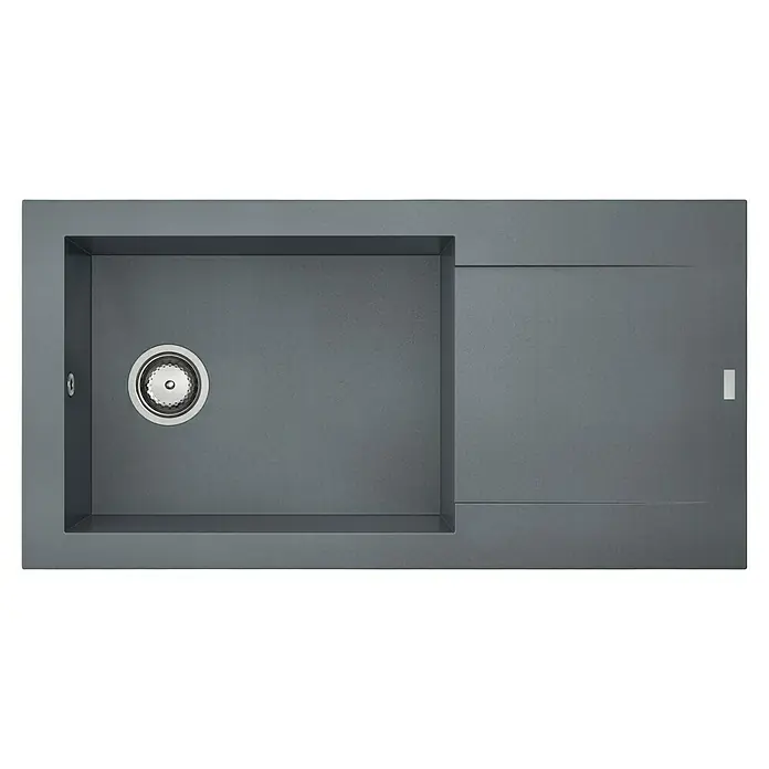 Carea Einbauspüle Dukkah - 98 x 50 cm, Betongrau, Material Spüle: CAREAgranit® - Eine moderne, rechteckige Spüle in Anthrazit mit Abtropffläche und einem mittig platzierten Abfluss, ideal für jede Küche.