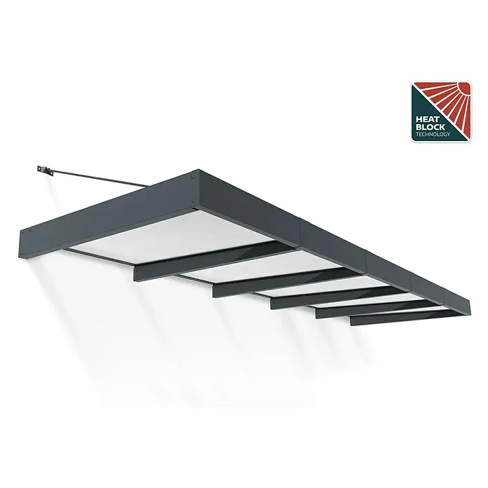 Palram – Canopia Pultvordach Sophia XL - 471 x 140 x 17 cm, Anthrazitgrau, Farbe Dach: Opal - Graue Terrassenüberdachung mit "Heat Block Technology" Logo für Beschattung und Hitzeschutz im Außenbereich.