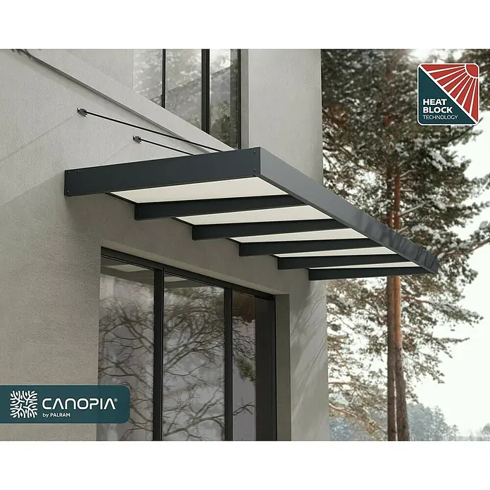 Palram – Canopia Pultvordach Sophia XL - 471 x 140 x 17 cm, Anthrazitgrau, Farbe Dach: Opal - Schützendes Canopia-Vordach mit Heat Block Technology über einem modernen Fenster, ideal für Hauseingänge.