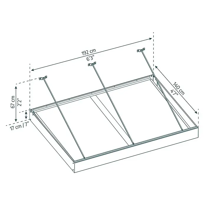 Palram – Canopia Pultvordach Sophia XL - 192 x 140 x 17 cm, Anthrazitgrau, Farbe Dach: Klar - Eine detaillierte Schemazeichnung eines Bettgestells mit den Maßen 192 cm x 140 cm und einer Höhe von 17 cm.