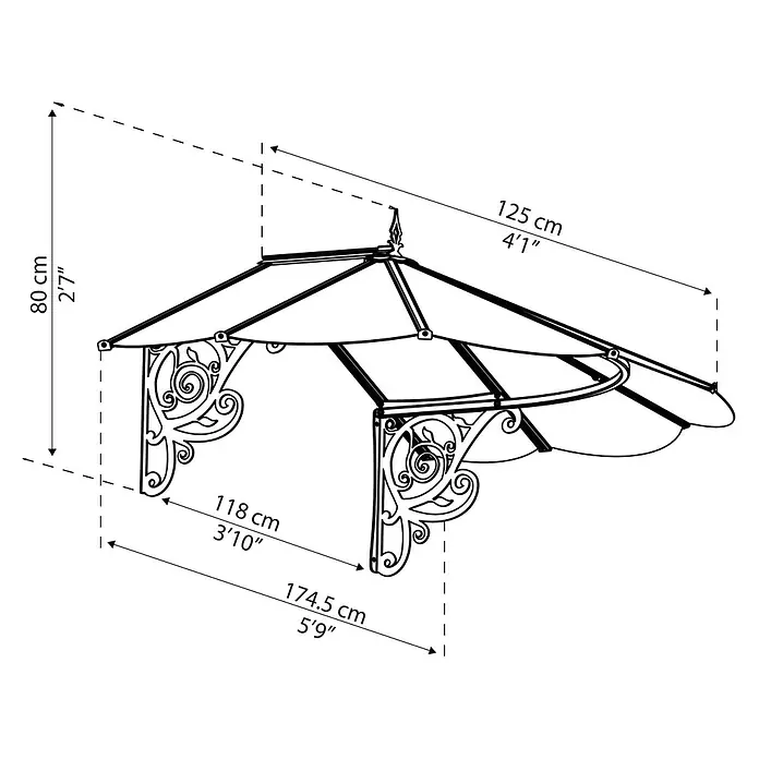 Palram – Canopia Pultvordach - 174,5 x 125 x 80 cm, Schwarz - Technische Zeichnung einer dekorativen Markise mit Maßangaben in cm und Fuß, ideal für den Außenbereich.