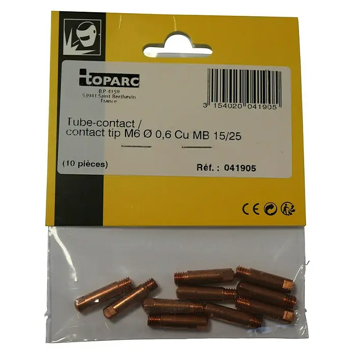 Gys Stromdüse - M 6, Durchmesser: 0,6 mm, Passend für: MIG-Brenner 150/250/300A, 10 Stk. - Bild einer Packung Toparc-Kontaktdüsen M6 Ø 0,6 Cu MB 15/25, ideal für MIG/MAG-Schweißanwendungen.