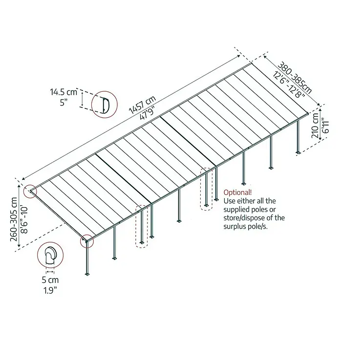 Solid Elements Terrassenüberdachung Martina - B x T: 1.457 x 400 cm, Anthrazitgrau, Polycarbonat, Transparent - Detailzeichnung eines Gartenpavillons mit Maßangaben zu Länge, Breite und Höhe, sowie optionalen Pfosten.