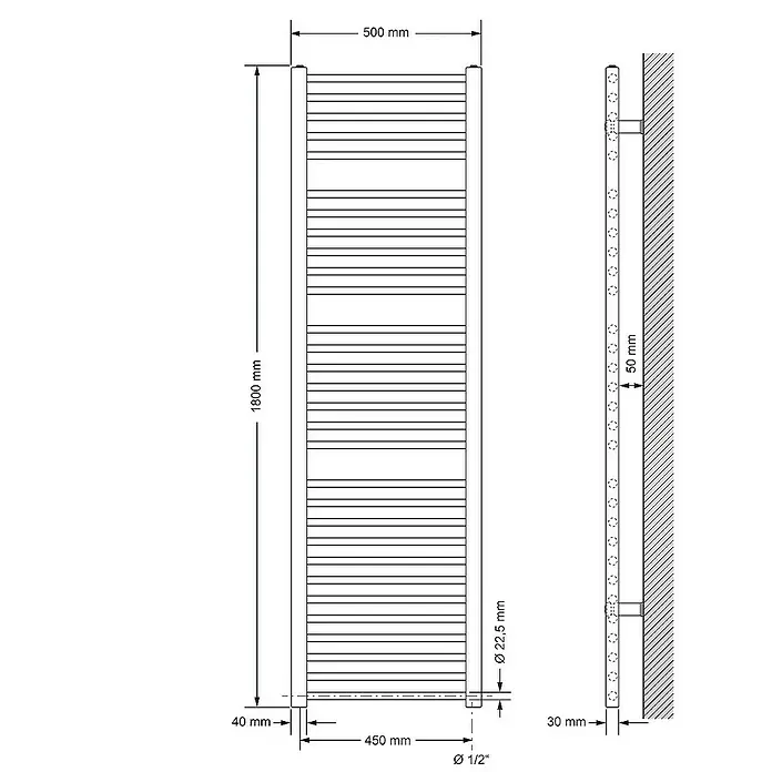 LuxeBath Badheizkörper Design Handtuchheizkörper Handtuchwärmer Seitenanschluss gerade 680 W - B x H: 50 x 180 cm, Anthrazit - Eine technische Zeichnung eines Handtuchwärmers mit Maßangaben zu Höhe, Breite und Rohrdurchmesser.