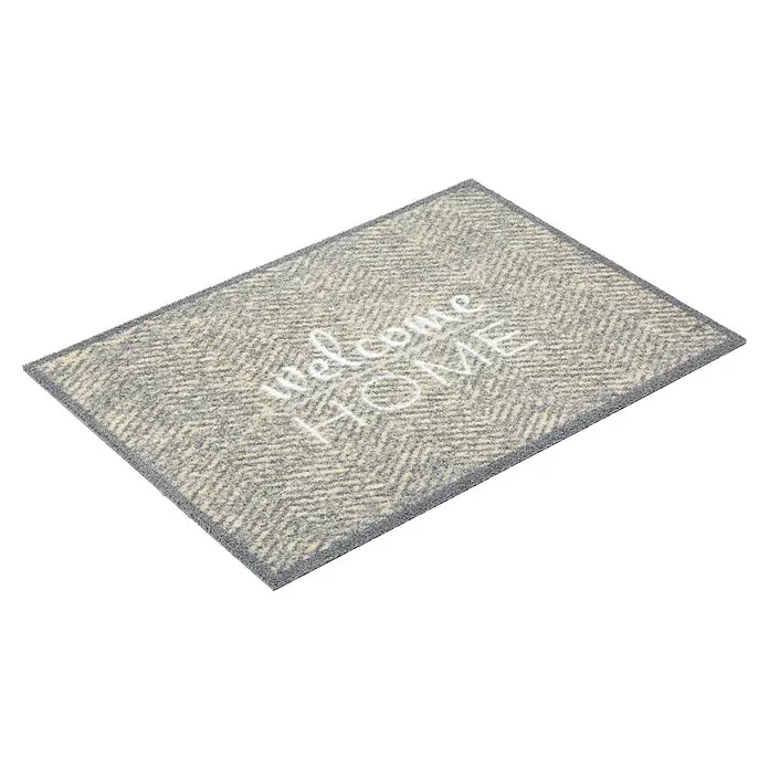 Schmutzfangmatte Miabella - Grau, 70 x 50 cm, 100 % Polyamid - Rechteckige Fußmatte "Welcome Home" in grau-weißem Fischgrätmuster, ideal für den Eingangsbereich und Flur.
