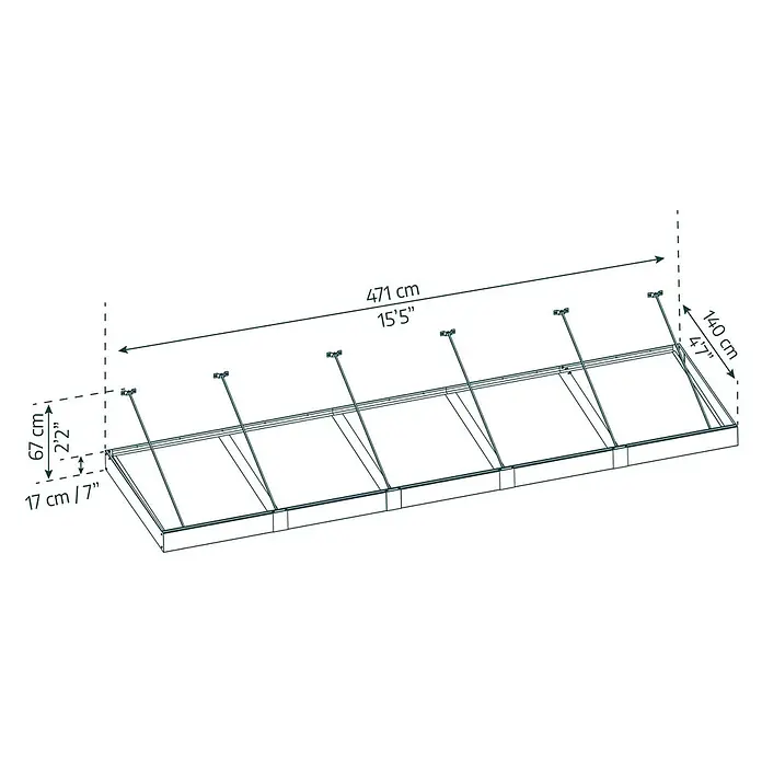 Palram – Canopia Pultvordach Sophia XL - 471 x 140 x 17 cm, Anthrazitgrau, Farbe Dach: Opal - Eine schematische Darstellung eines Bettgestells mit den Maßen 471 cm Länge, 140 cm Breite und einer Höhe von 67 cm.