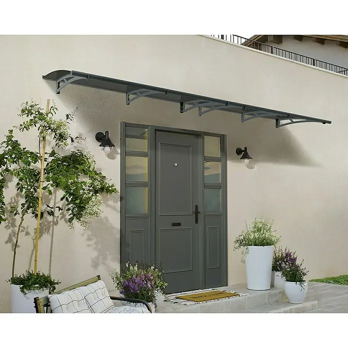 Palram – Canopia Pultvordach Aquila - 412 x 91,5 x 17,5 cm, Anthrazitgrau, Farbe Dach: Solargrau - Eine moderne Haustür mit einem eleganten Vordach, das Schutz bietet und das Erscheinungsbild des Eingangs aufwertet.