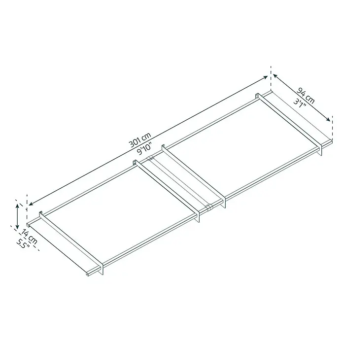 Palram – Canopia Pultvordach Nancy - 301 x 94 x 14 cm, Anthrazitgrau - Abbildung eines Lattenrosts mit den Maßen 301 cm Länge, 94 cm Breite und 14 cm Höhe.