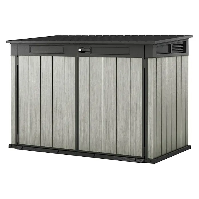 Keter Truhe Grande Store - Außenmaß inkl. Dachüberstand (B x T): 191 x 109 cm, Kunststoff, Grau, Geeignet für Anzahl Mülltonnen: 3 Stk. - Geräumiger Gartenschrank aus grauem Holz und schwarzem Rahmen, ideal zur Aufbewahrung von Gartengeräten und Outdoor-Zubehör.