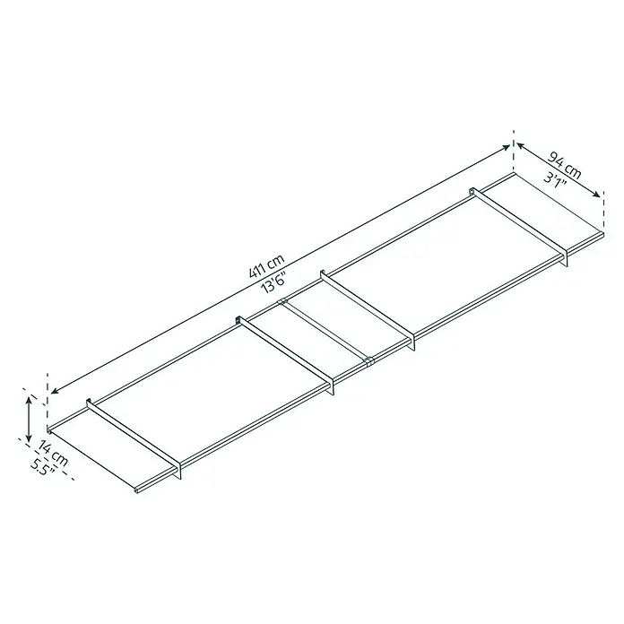 Palram – Canopia Pultvordach Nancy - 411 x 94 x 14 cm, Anthrazitgrau - Darstellung eines modularen Regalsystems mit den Maßen 411 cm Länge, 94 cm Breite und 14 cm Höhe.