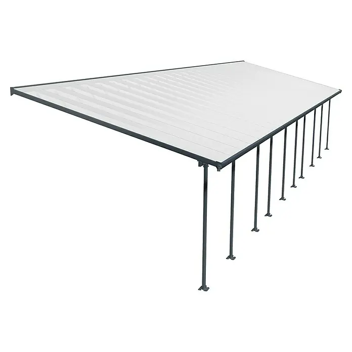 Solid Elements Terrassenüberdachung Martina - B x T: 1.457 x 400 cm, Anthrazitgrau, Polycarbonat, Transparent - Das Bild zeigt ein modernes, freistehendes Carport mit einem hellen Dach und dunklen Stützpfeilern.