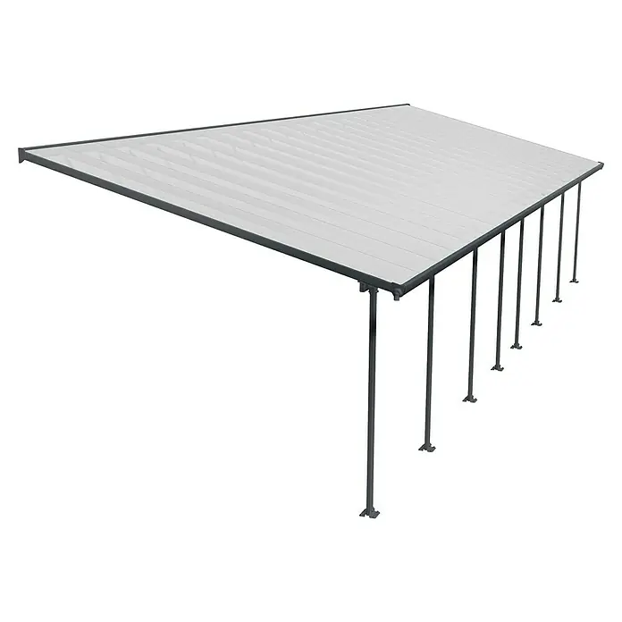 Solid Elements Terrassenüberdachung Martina - B x T: 1.212 x 400 cm, Anthrazitgrau, Polycarbonat, Transparent - Aufnahme einer weißen Terrassenüberdachung mit grauem Rahmen und Streben, die Schatten spendet und vor Regen schützt.