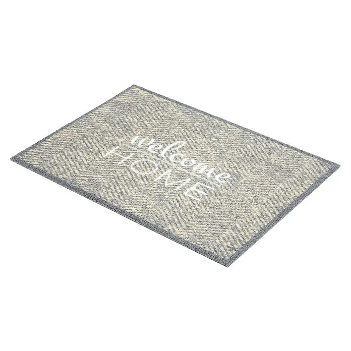 Schmutzfangmatte Miabella - Grau, 70 x 50 cm, 100 % Polyamid - Graue Fußmatte mit Fischgrätenmuster und der Aufschrift "Welcome Home". Ideal für den Eingangsbereich, um Gäste willkommen zu heißen.