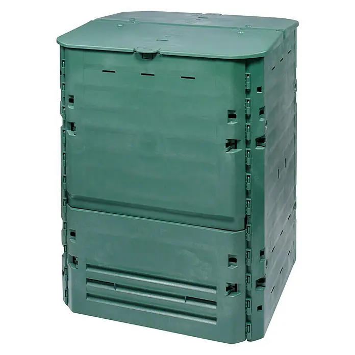 Garantia Komposter Thermo King - 400 l, 74 x 74 x 84 cm - Hier ist ein grüner, modularer Kompostbehälter aus Kunststoff mit Belüftungsöffnungen und einem Deckel.