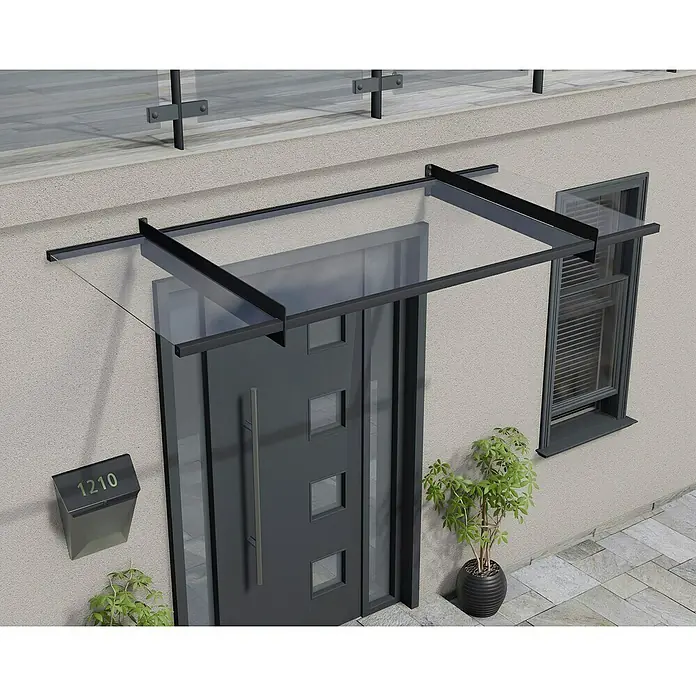 Palram – Canopia Pultvordach Nancy - 205,5 x 94 x 14 cm, Anthrazitgrau - Moderne Haustür mit einem eleganten Glasvordach und einer stilvollen Hausnummer, die dem Eingangsbereich einen zeitgemäßen Touch verleihen.