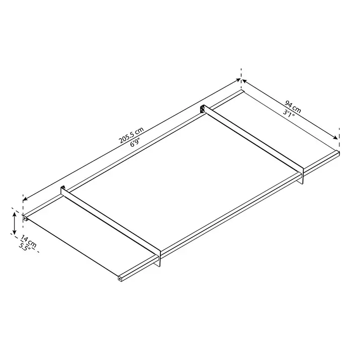 Palram – Canopia Pultvordach Nancy - 205,5 x 94 x 14 cm, Anthrazitgrau - Ein technisches Schema des Lattenrostes mit Maßangaben. Es zeigt die Länge (205.5 cm), Breite (94 cm) und Höhe (14 cm).