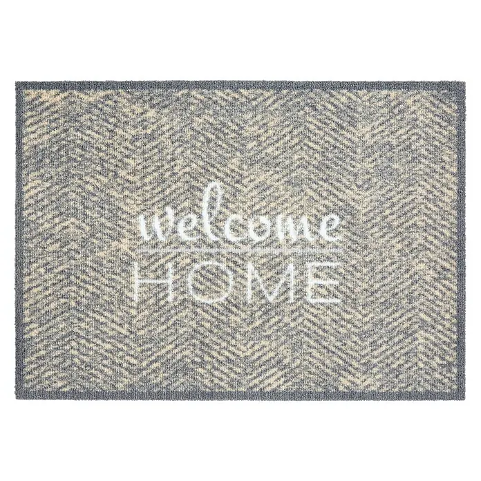 Schmutzfangmatte Miabella - Grau, 70 x 50 cm, 100 % Polyamid - Fußmatte mit dem Schriftzug "Welcome Home" in Grau und Beige mit Fischgrätenmuster, ideal für den Eingangsbereich.