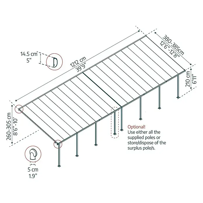 Solid Elements Terrassenüberdachung Martina - B x T: 1.212 x 400 cm, Anthrazitgrau, Polycarbonat, Transparent - Abbildung einer Terrassenüberdachung mit Maßangaben zu Höhe, Breite und Tiefe in Zentimetern und Fuß.