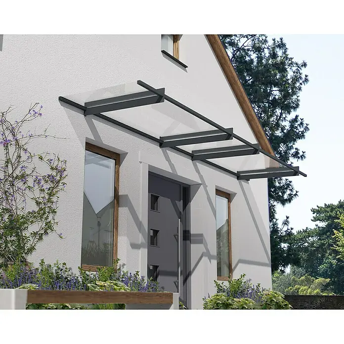 Palram – Canopia Pultvordach Nancy - 411 x 94 x 14 cm, Anthrazitgrau - Nahaufnahme einer modernen Haustürüberdachung aus Glas und Metall, die Schutz und ein elegantes Design bietet.