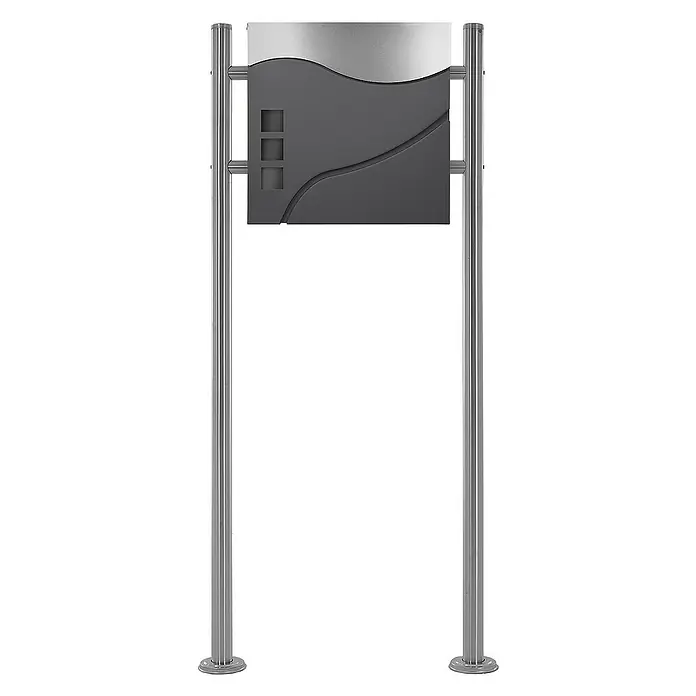ECD Germany Standbriefkasten Briefkastenanlage mit Ständer Silber 120cm Mailbox mit Pfosten - L x B x H: 17,5 x 55 x 120 cm, Anthrazit, Silber, Edelstahl - Bild einer modernen Briefkastenanlage mit Edelstahlpfosten und grauem Briefkasten mit wellenförmigem Design, ideal für den Außenbereich.