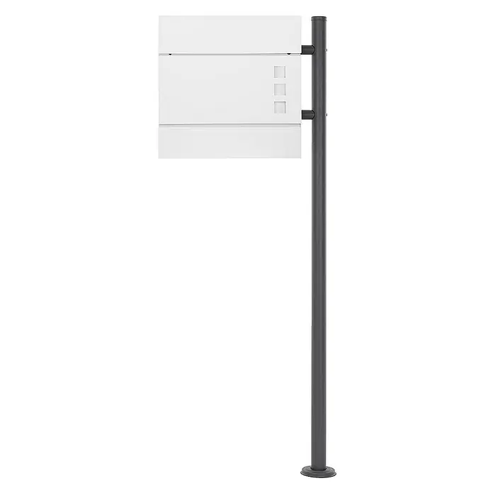 ECD Germany Standbriefkasten Briefkastenanlage mit Ständer Anthrazit 120cm Mailbox mit Pfosten - L x B x H: 16 x 42,5 x 120 cm, Weiß, Edelstahl - Bild einer modernen Briefkastenanlage in Weiß und Grau, bestehend aus drei Fächern und einem stabilen Standfuß. Ideal für den Außenbereich.