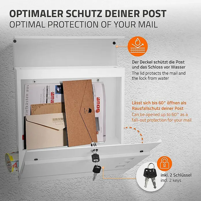 ECD Germany Standbriefkasten Briefkastenanlage mit Ständer Anthrazit 120cm Mailbox mit Pfosten - L x B x H: 16 x 42,5 x 120 cm, Weiß, Edelstahl - Ein weißer Briefkasten mit Post, der optimalen Schutz vor Witterung und Diebstahl bietet, inklusive zwei Schlüsseln.