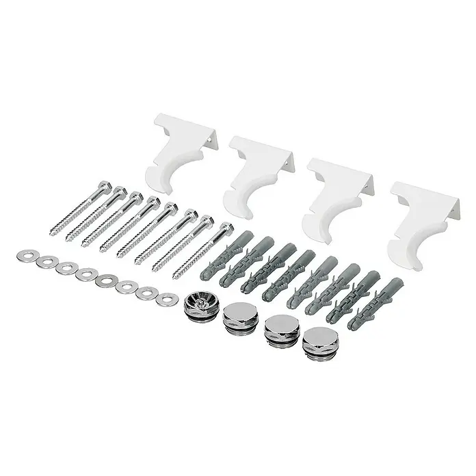 LuxeBath Badheizkörper Vertikal Paneelheizkörper Handtuchwärmer mit Eckform Thermostatventil - B x H: 26 x 140 cm, Weiß - Bild von Heizkörperbefestigungen mit Halterungen, Schrauben, Dübeln und Abdeckkappen, ideal für die sichere Montage von Heizkörpern.