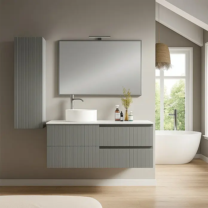 Mueble bajo de lavabo Claire - An x Pr x Al: 120 x 45 x 50 cm, Gris, 1 seno, sobreponer, salida izquierda - Baño moderno con mueble de lavabo gris, lavabo y espejo grande. Diseño elegante para un ambiente de baño con estilo.