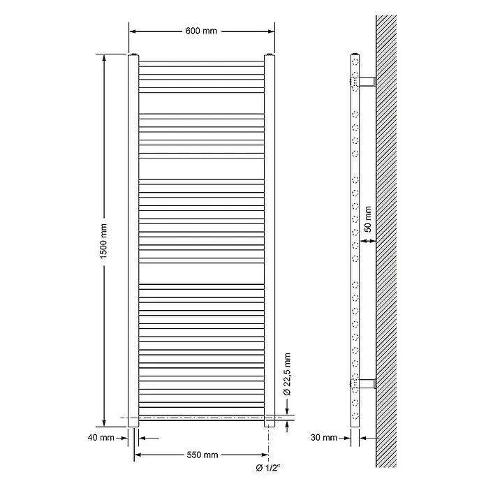 LuxeBath Badheizkörper Design Handtuchheizkörper Handtuchwärmer Seitenanschluss gerade 660 W - B x H: 60 x 150 cm, Anthrazit - Eine technische Zeichnung eines Handtuchwärmers mit den Maßen 1500 mm Höhe und 600 mm Breite, inklusive Detailansicht der Wandmontage.