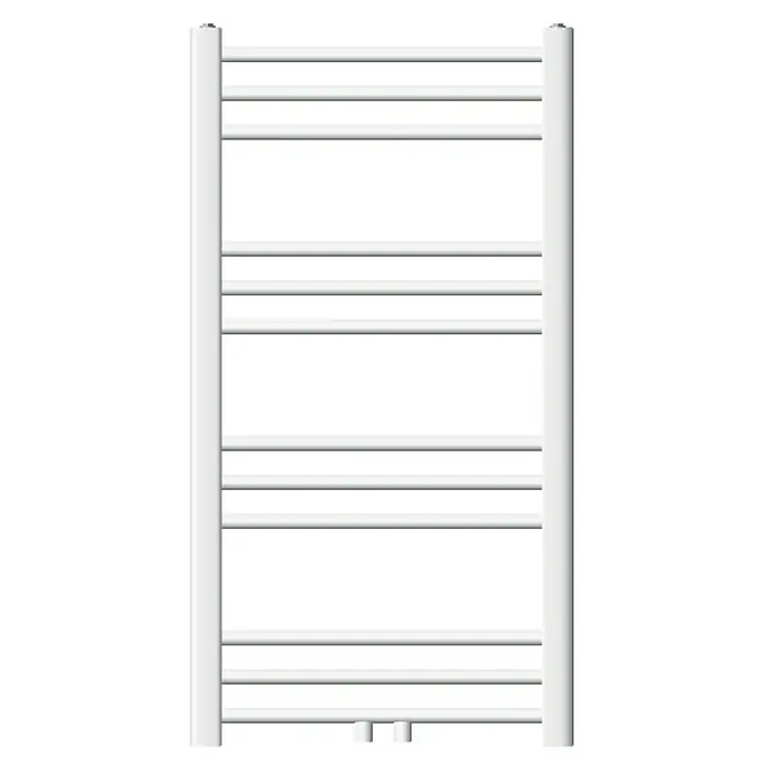 LuxeBath Badheizkörper Design Handtuchheizkörper Handtuchwärmer Mittelanschluss gerade 290 W - B x H: 50 x 80 cm, Weiß - Abbildung eines weißen Handtuchwärmers mit mehreren horizontalen Stangen und zwei vertikalen Stützen für das Badezimmer.