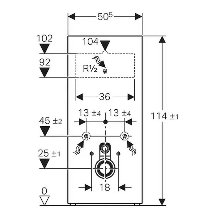 Geberit Sanitärmodul für Wand-WC Monolith - 131.031.SI.5 - 2-Mengen-Spülung, 10,6 x 50,5 x 114 cm, Weiß - Maßzeichnung eines Geräts mit den Maßen 505, 102, 92, 36, 13 ±4, 45 ±2, 25 ±1, 18 und 0. Das Gerät hat auch eine R1/2-Verbindung und ist 114 ±1 hoch.