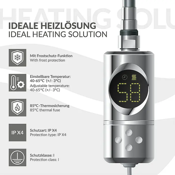LuxeBath Austauschheizkörper - B x H: 4,5 x 4,5 cm - Abbildung eines elektronischen Heizstabes mit Digitalanzeige, Frostschutzfunktion und einstellbarer Temperatur.