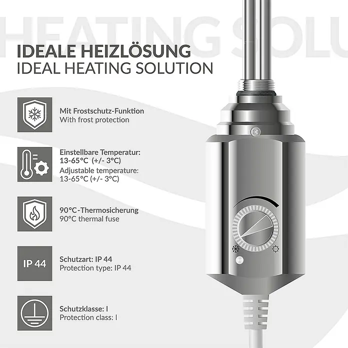 LuxeBath Austauschheizkörper - B x H: 4,5 x 4,5 cm - Produktbild einer Heizungslösung mit Frostschutz, einstellbarer Temperatur, Thermosicherung und Schutzklassen.