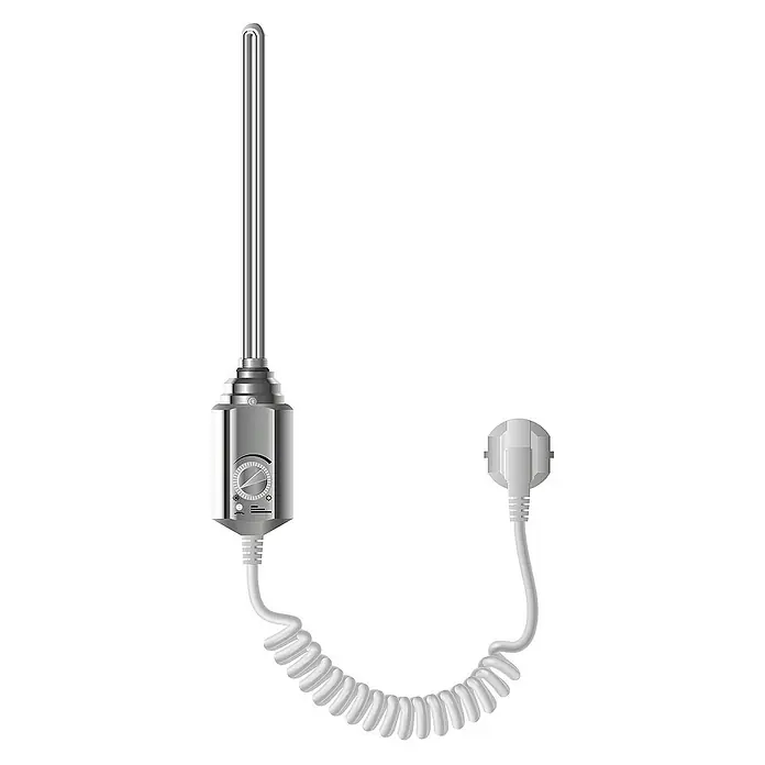LuxeBath Austauschheizkörper - B x H: 4,5 x 4,5 cm - Bild einer Heizpatrone für Handtuchwärmer mit Thermostat und Spiralkabel mit Stecker.