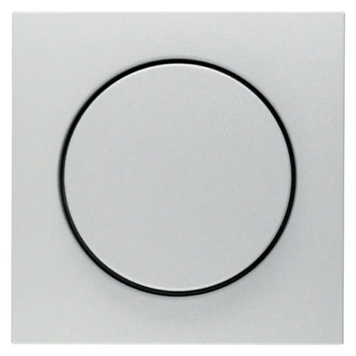 Berker S.1 Dimmerabdeckung 11371404 - Aluminium, Kunststoff - Nahaufnahme eines weißen, quadratischen Lichtschalters mit einem runden, schwarzen Knopf. Das minimalistische Design passt gut in moderne Interieurs.