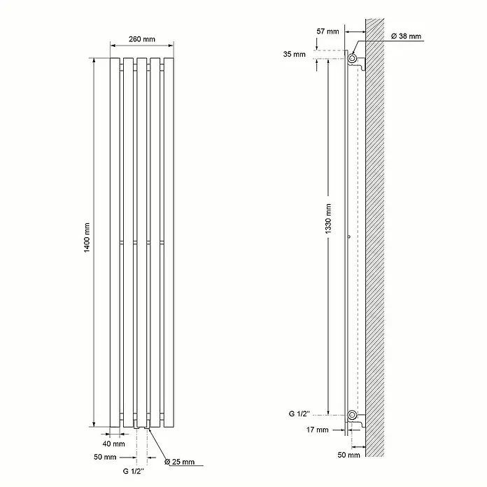 LuxeBath Badheizkörper Design Handtuchheizkörper Handtuchwärmer Mittelanschluss Radiator - B x H: 26 x 140 cm, Weiß - Technische Zeichnung eines Heizkörpers mit Bemaßungen, inklusive Höhe, Breite, Wandabstand und Anschlussdetails.